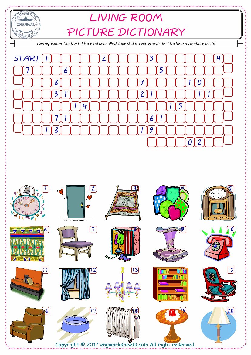  Check the Illustrations of Living Room english worksheets for kids, and Supply the Missing Words in the Word Snake Puzzle ESL play. 